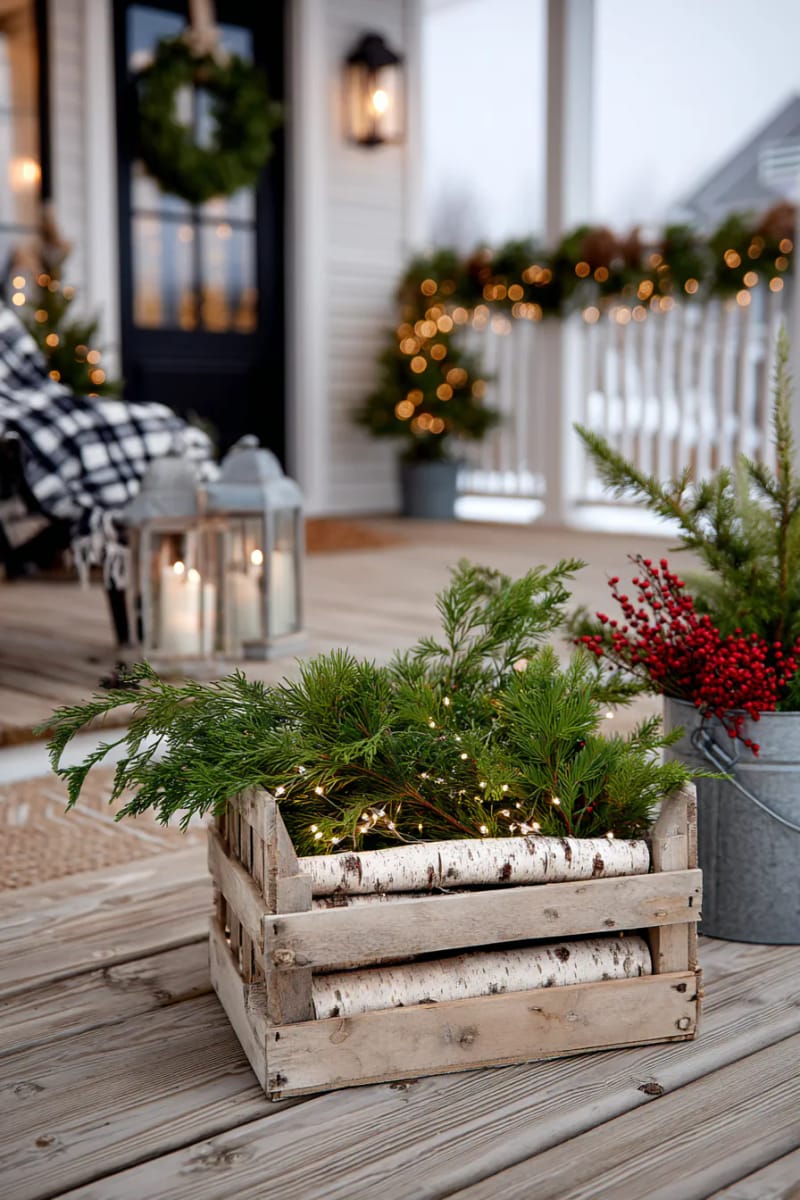 15 Cozy Modern Farmhouse Christmas Ideas For Front Porch 2025 18 rustic wood crate stacked with birch logs and greenery, accented by string lights 1