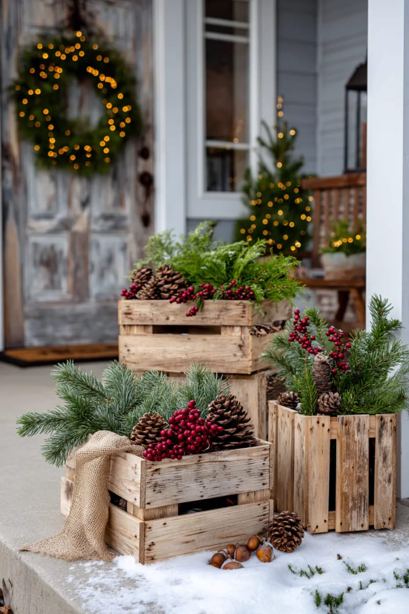 rustic wooden crates filled with pinecones, greenery, and battery fairy lights 1