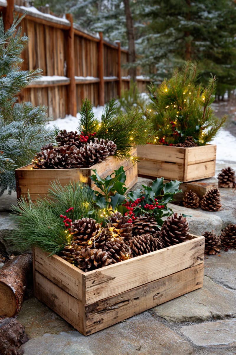 rustic wooden crates filled with pinecones, greenery, and battery fairy lights 1