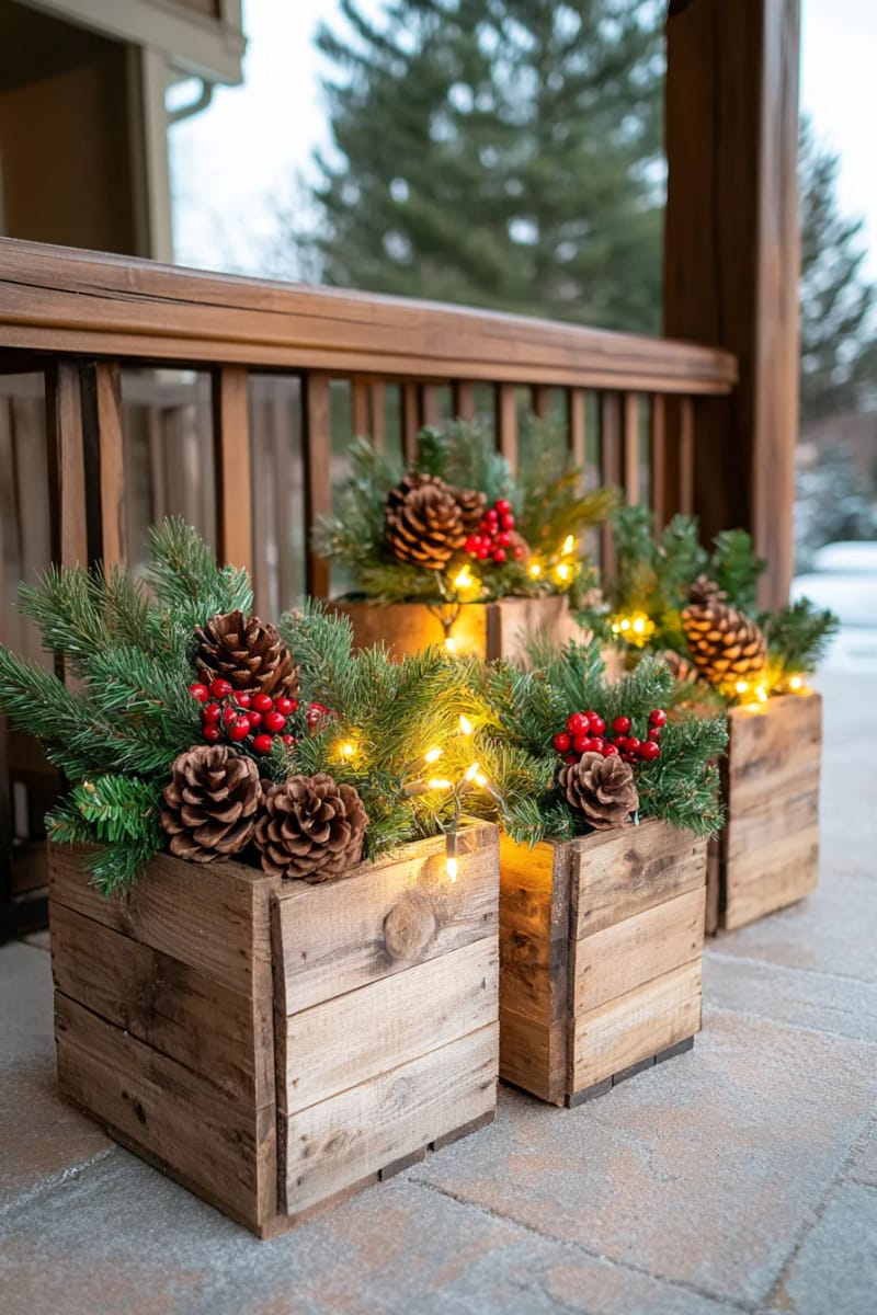 rustic wooden crates filled with pinecones, greenery, and battery fairy lights 1