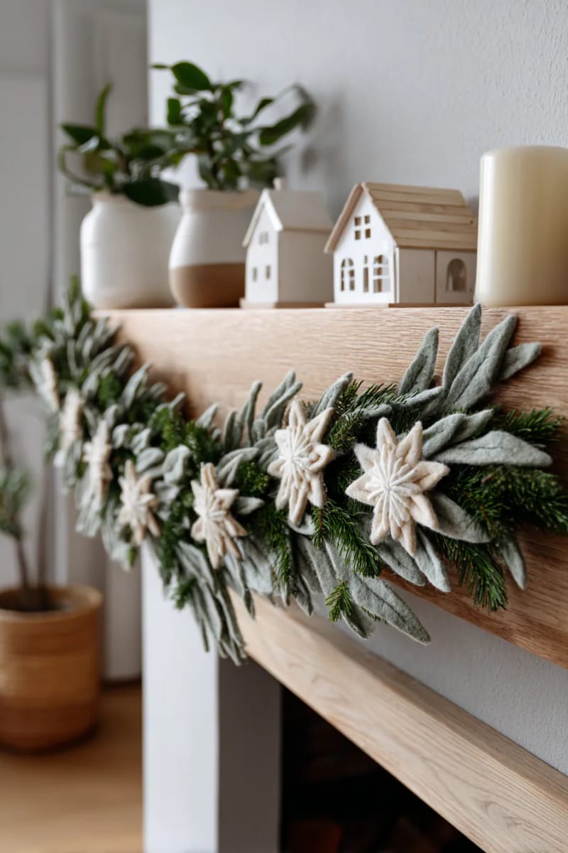 scandinavian-inspired garland featuring wooden stars and deep green wool leaves 1