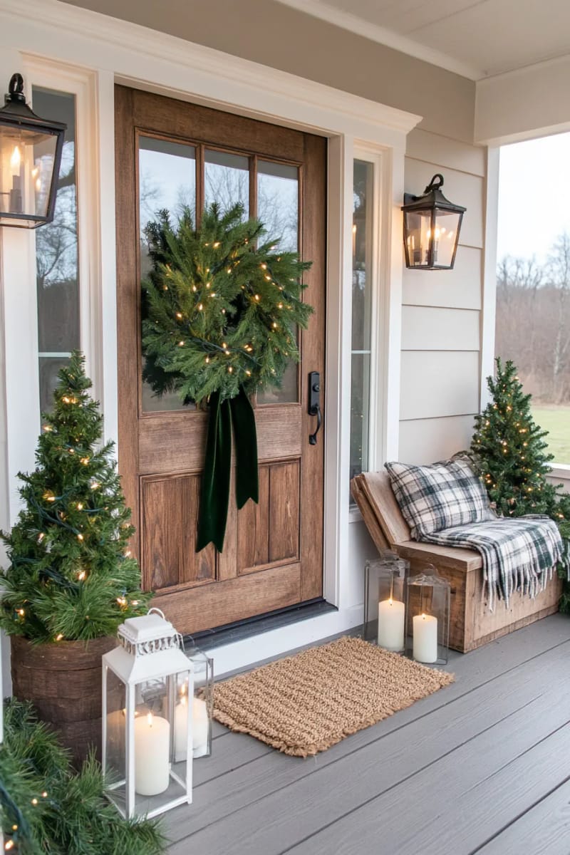 15 Simple Farmhouse Christmas Front Porch Decor Ideas 26 simple eucalyptus and evergreen swag tied with velvet ribbon on the door 1