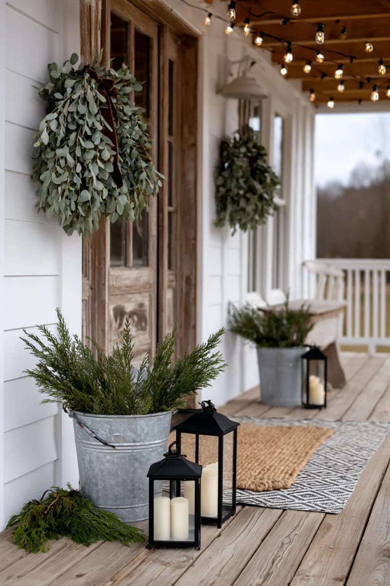 15 Simple Farmhouse Christmas Front Porch Decor Ideas 27 simple eucalyptus and evergreen swag tied with velvet ribbon on the door 1