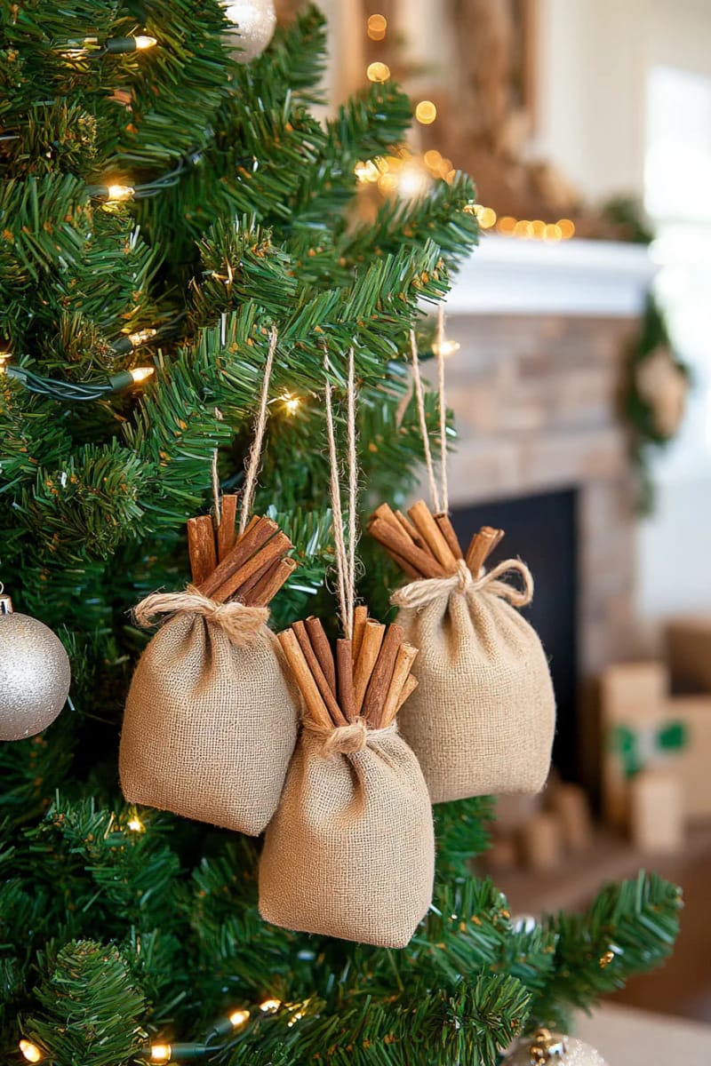 small burlap pouches filled with cinnamon sticks as tree ornaments 1