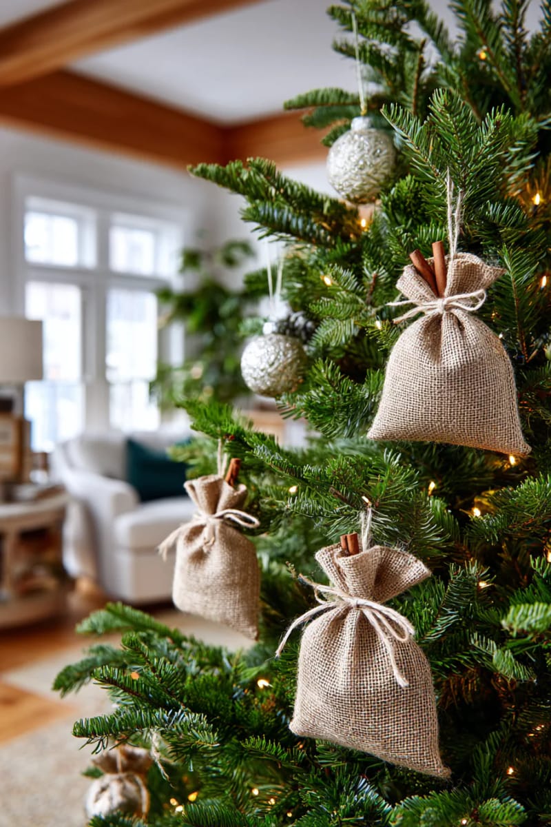 small burlap pouches filled with cinnamon sticks as tree ornaments 1