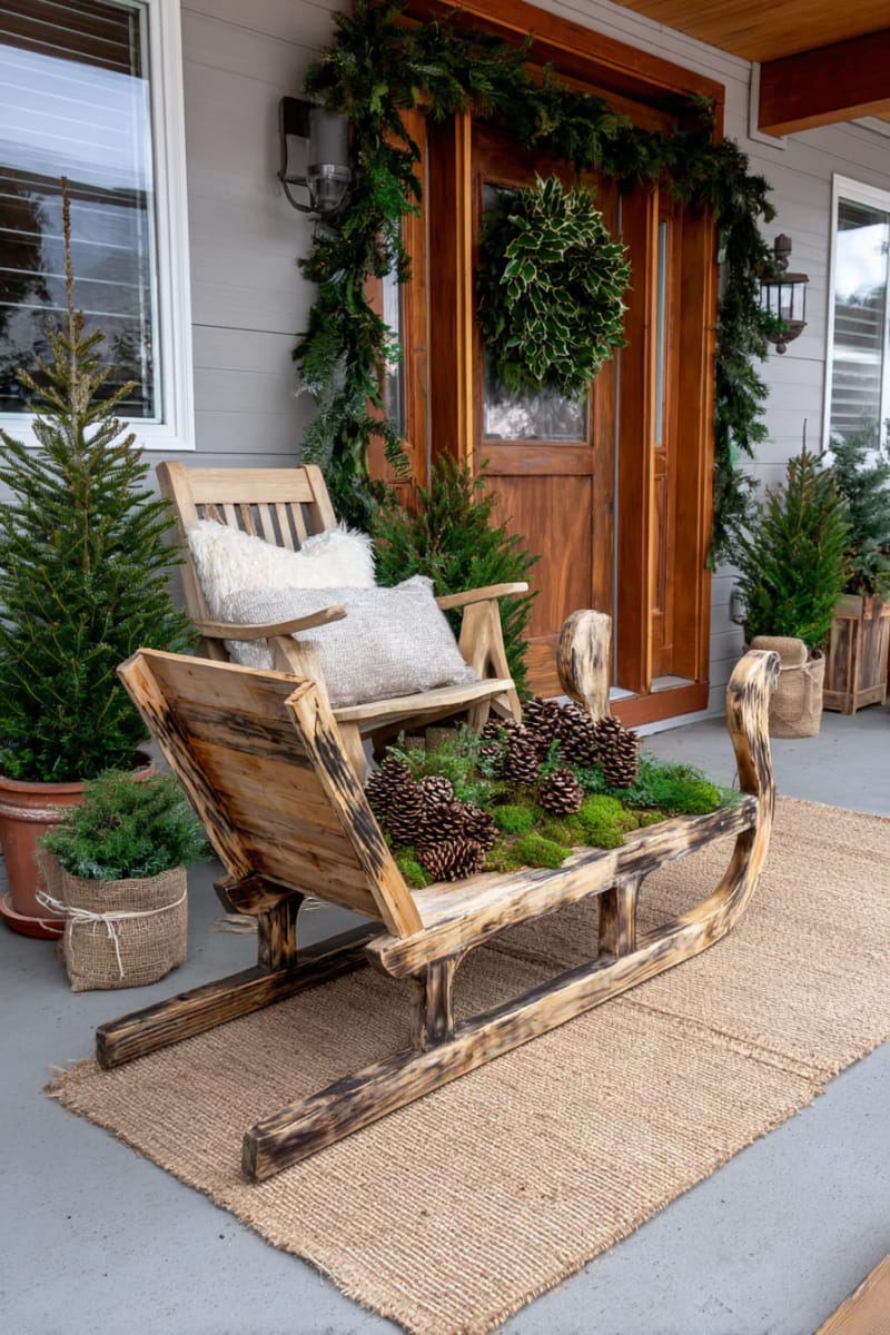 small reclaimed wood sleigh filled with pinecones, moss, and holly branches 1