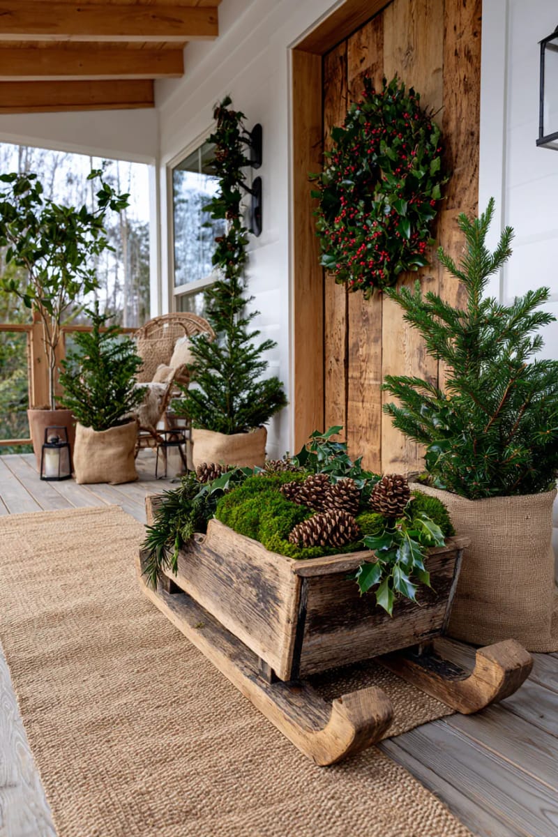 small reclaimed wood sleigh filled with pinecones, moss, and holly branches 1