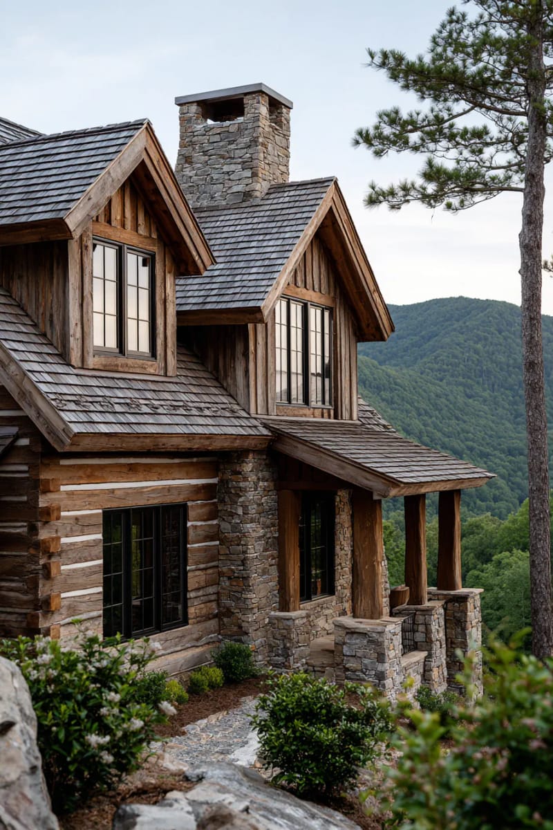15 Fabulous Log Cabin Home Exterior Ideas You'll Love! 23 smoky mountain cabin with stone chimney and dramatic front dormers 1