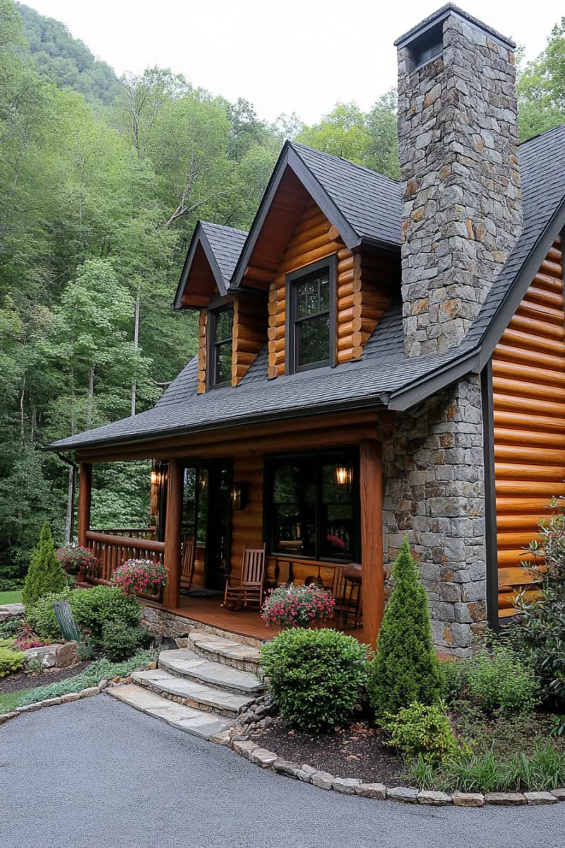 15 Fabulous Log Cabin Home Exterior Ideas You'll Love! 24 smoky mountain cabin with stone chimney and dramatic front dormers 1