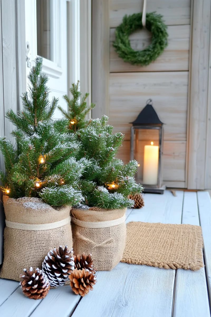 snow-dusted potted mini pine trees with burlap-wrapped bases 1