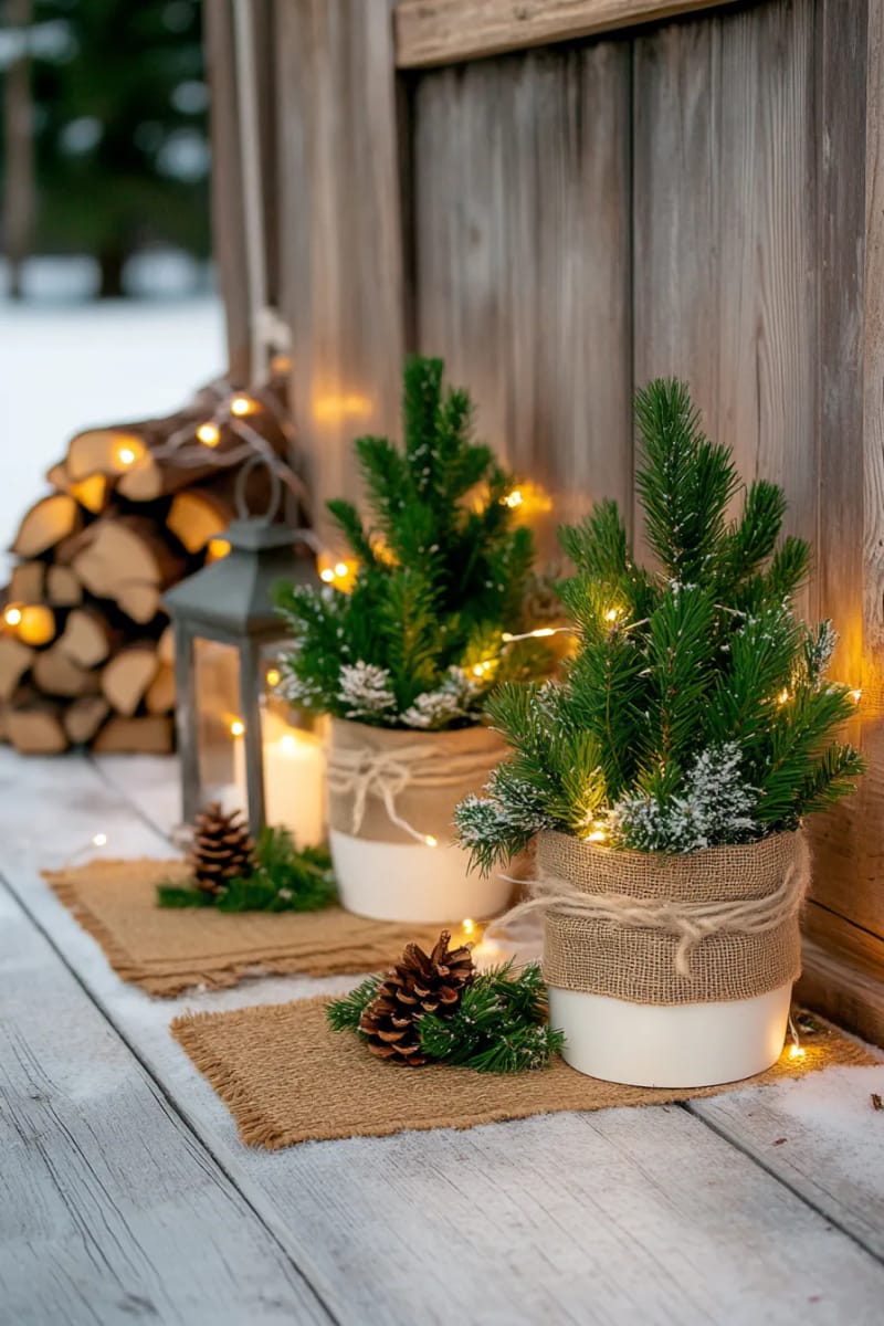 snow-dusted potted mini pine trees with burlap-wrapped bases 1