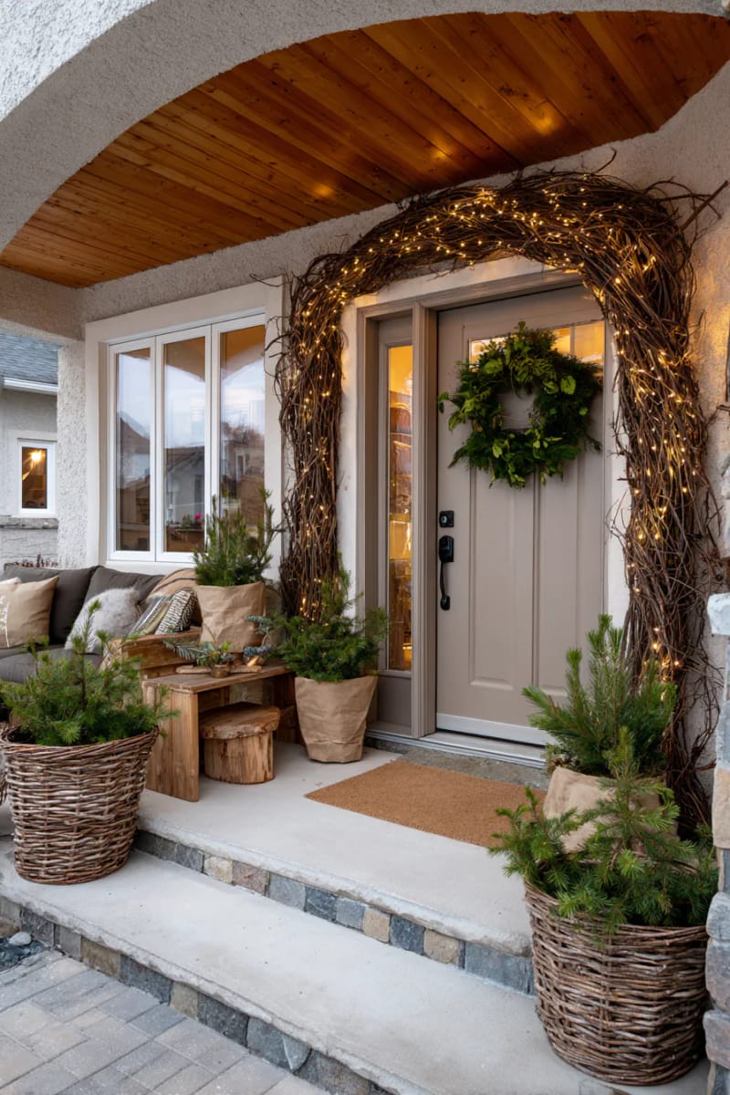 solar-powered fairy lights wound through natural grapevine wreaths 1