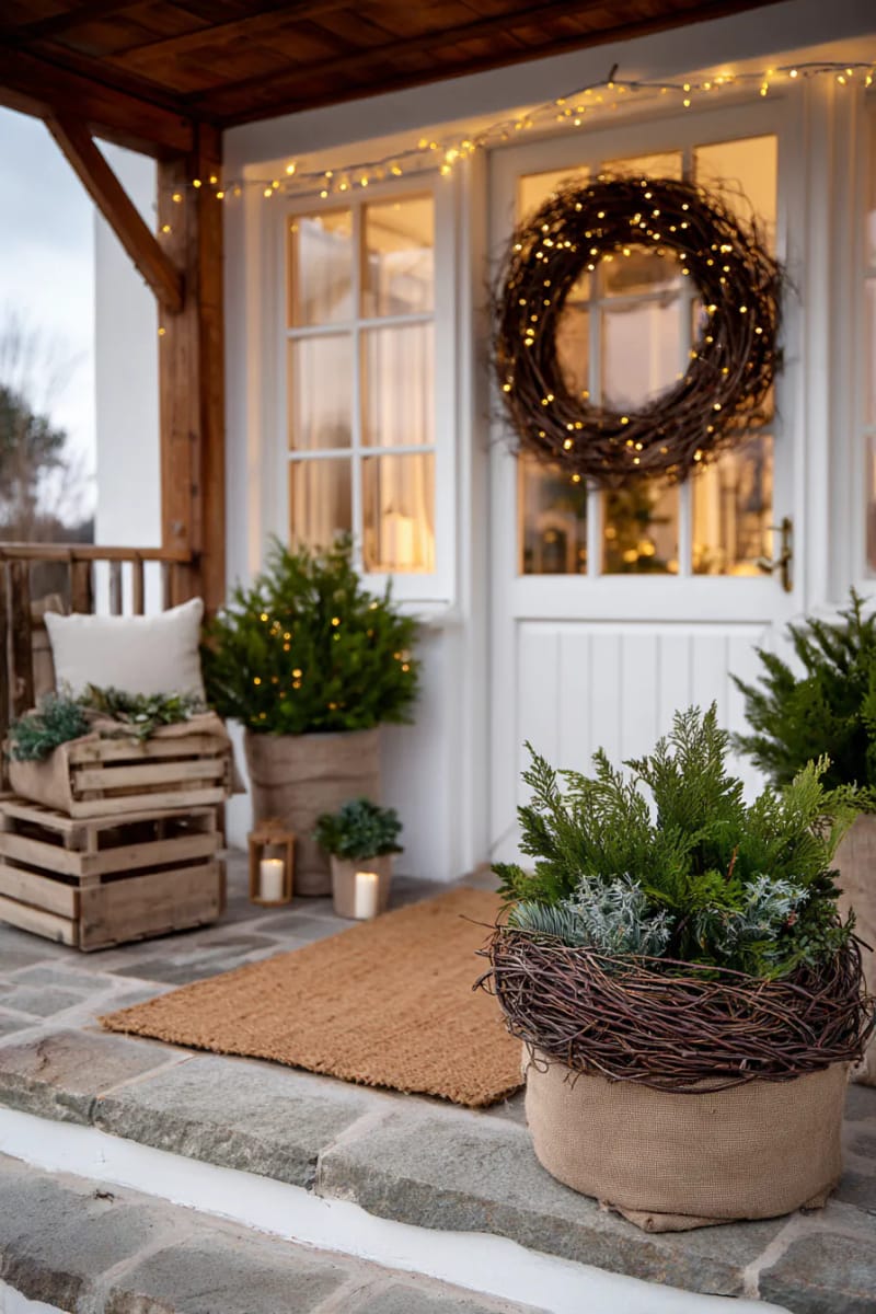 solar-powered fairy lights wound through natural grapevine wreaths 1