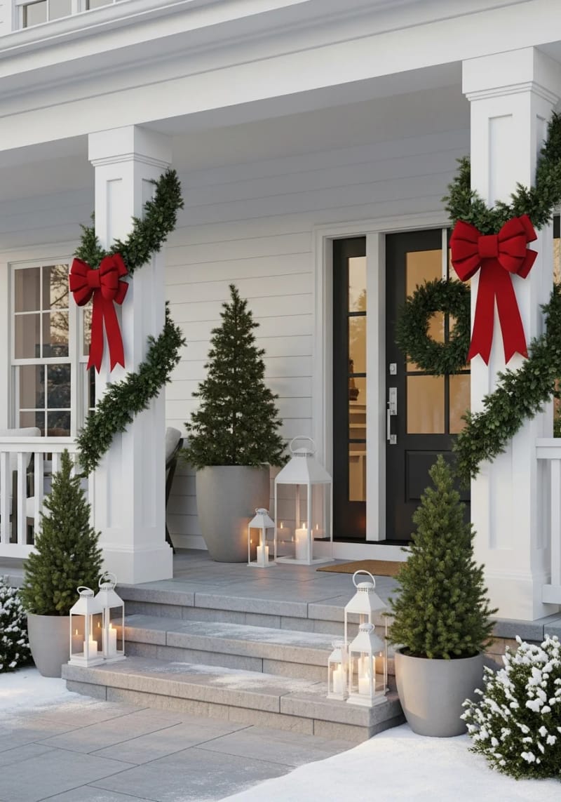 sparse garland on porch pillars with a single, large red bow 1