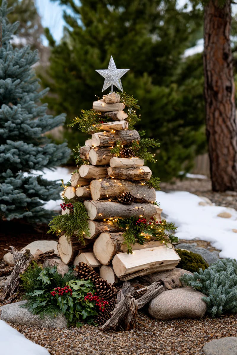 stacked firewood christmas tree decorated with fairy lights and star topper 1