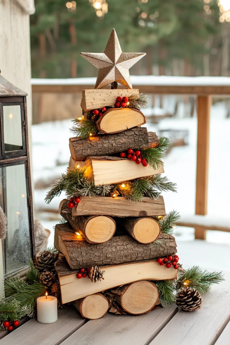 stacked firewood christmas tree decorated with fairy lights and star topper 1