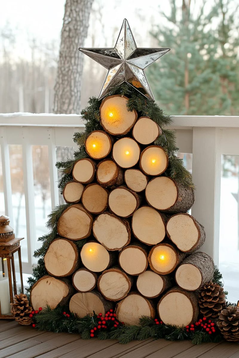 stacked firewood christmas tree decorated with fairy lights and star topper 1