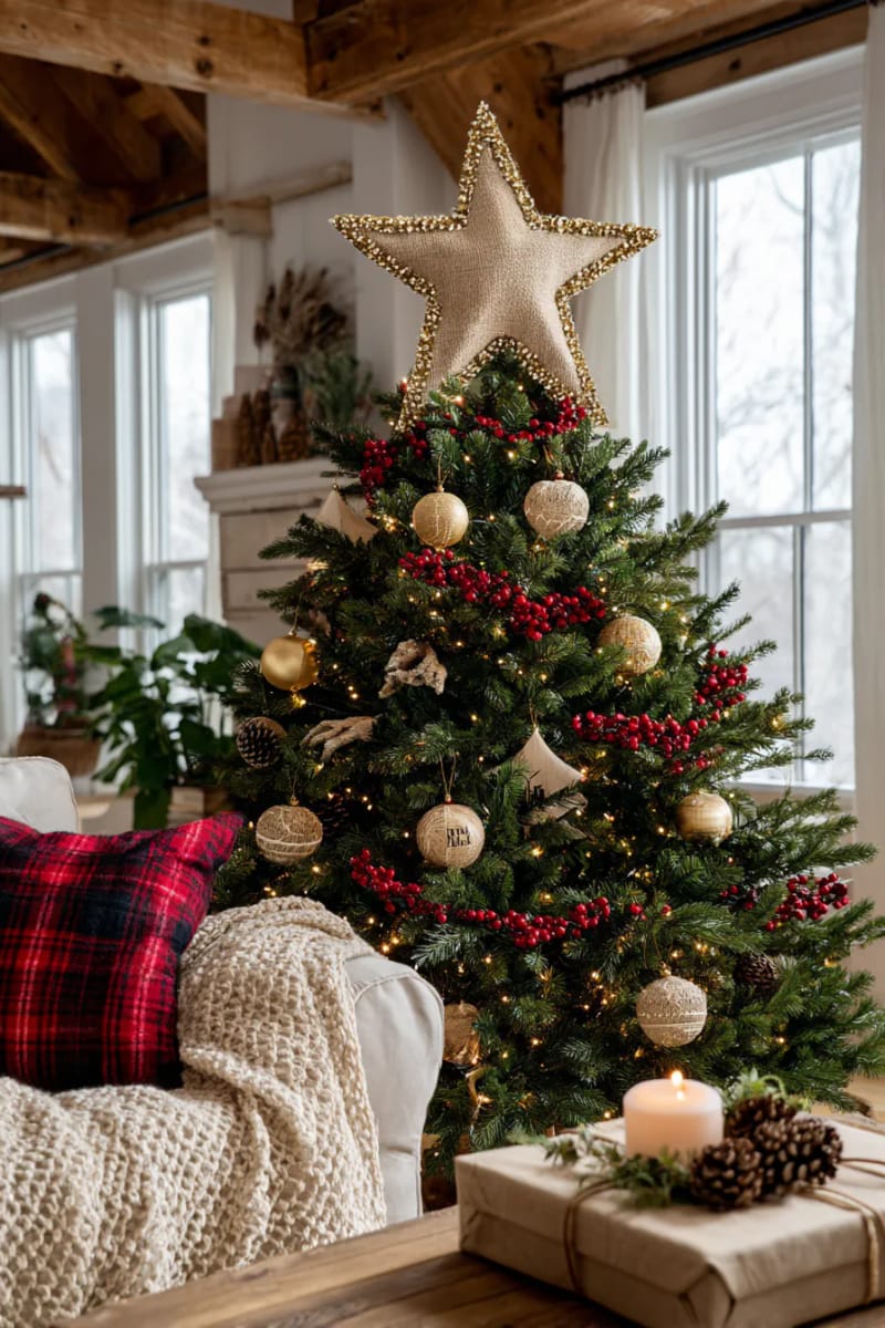 star-shaped burlap tree toppers with gold glitter edges 1