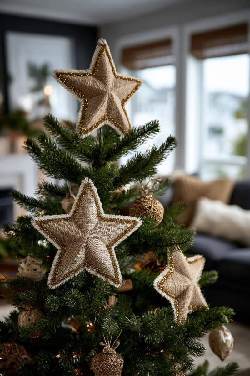 star-shaped burlap tree toppers with gold glitter edges 1