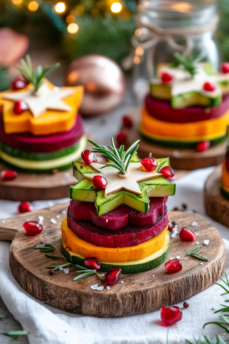 21 Creative Eco-Friendly Christmas Food Decor Guests Will Love! 7 star-shaped vegetable stacks using sweet potato, zucchini, and beetroot layers 1