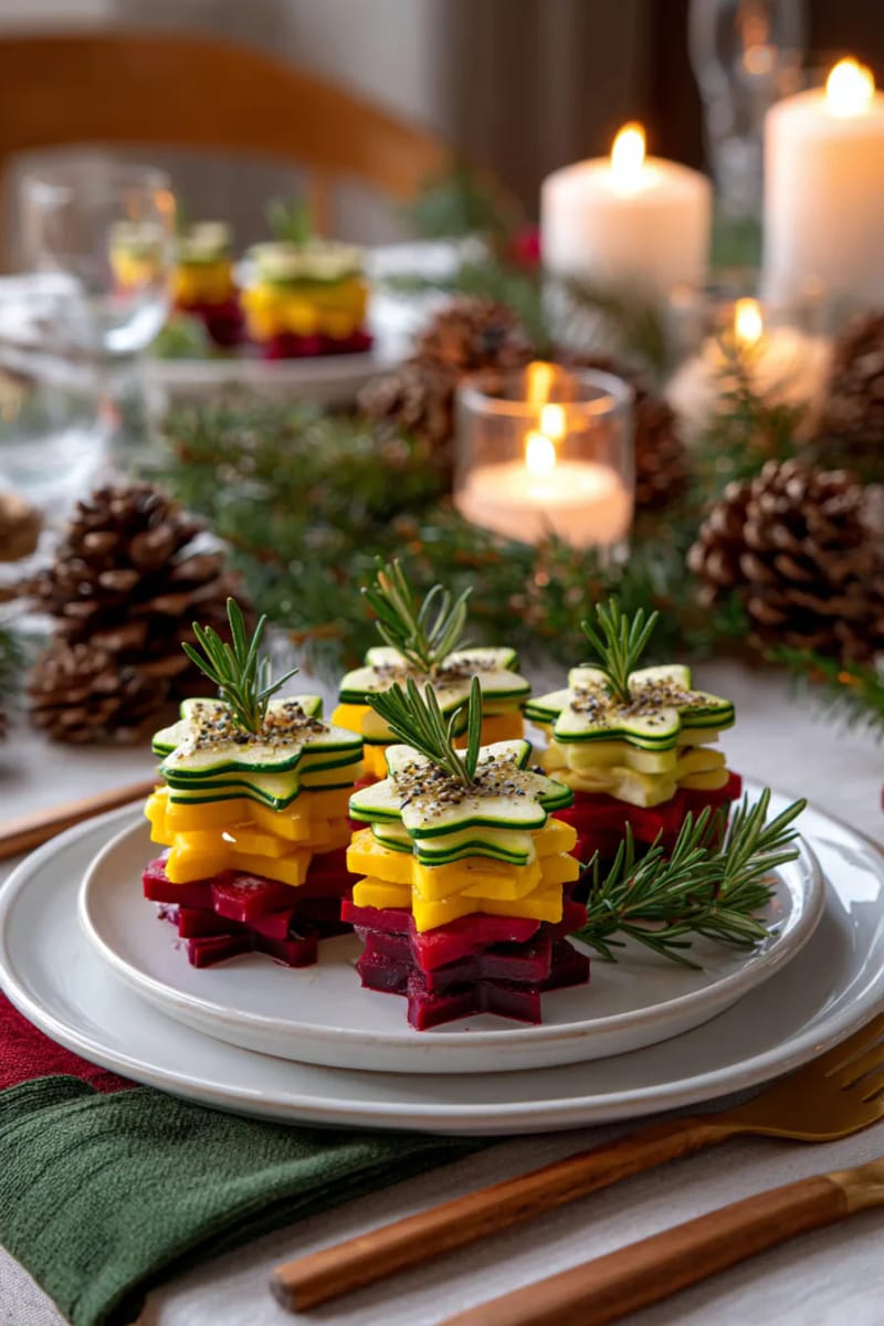 21 Creative Eco-Friendly Christmas Food Decor Guests Will Love! 8 star-shaped vegetable stacks using sweet potato, zucchini, and beetroot layers 1