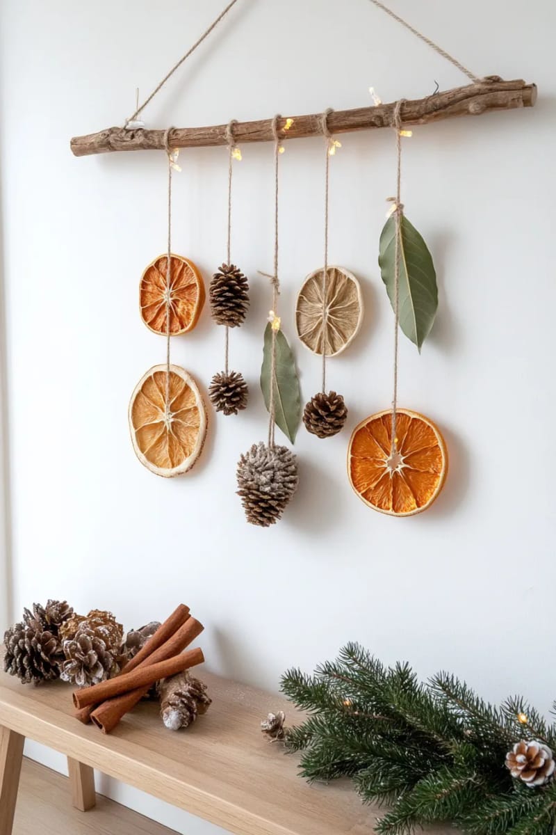 suspend dried oranges and bay leaves vertically for a wall hanging 1