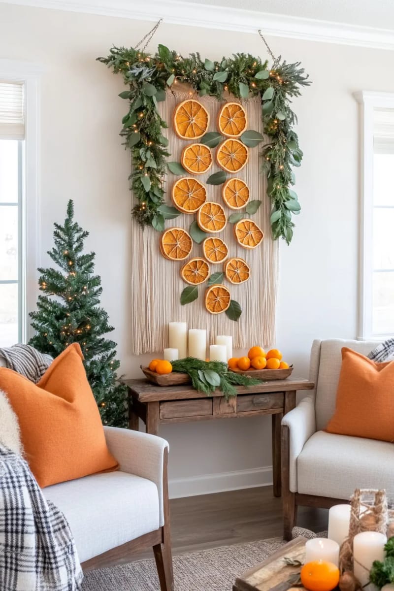 suspend dried oranges and bay leaves vertically for a wall hanging 1