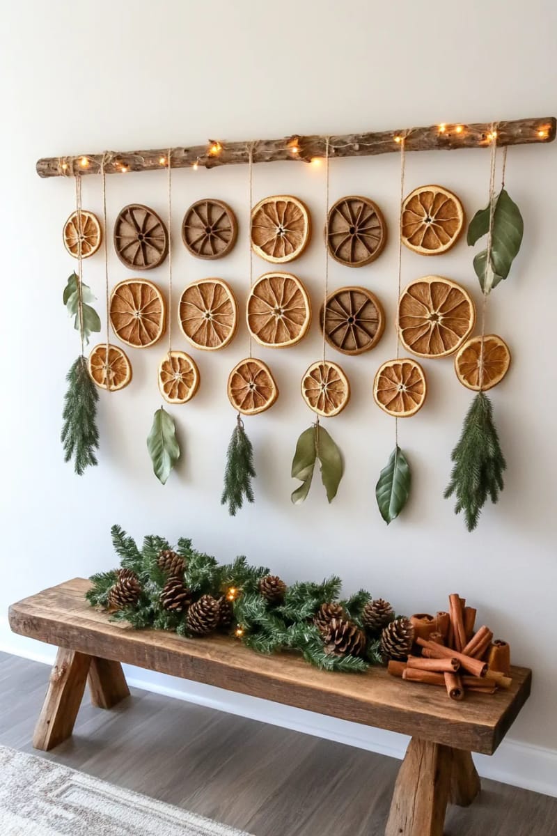 suspend dried oranges and bay leaves vertically for a wall hanging 1