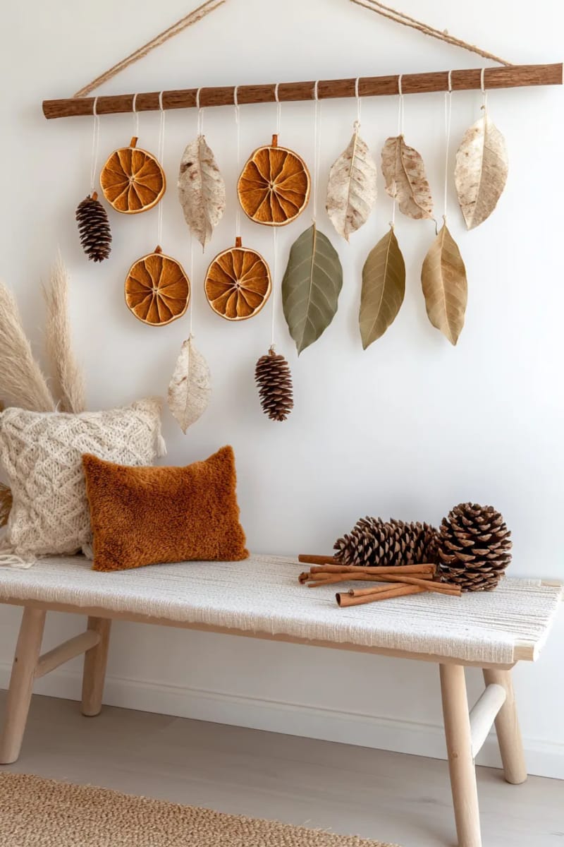 suspend dried oranges and bay leaves vertically for a wall hanging 1