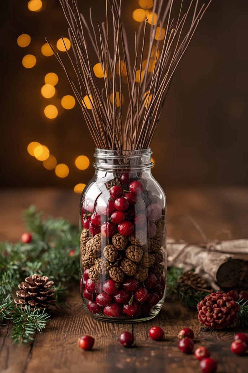 tall glass jar layered with pinecones, dried cranberries, and twigs 1