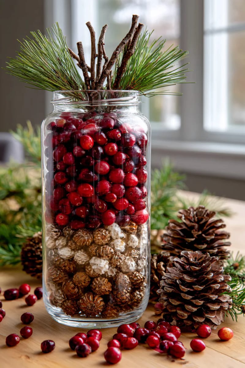 tall glass jar layered with pinecones, dried cranberries, and twigs 1
