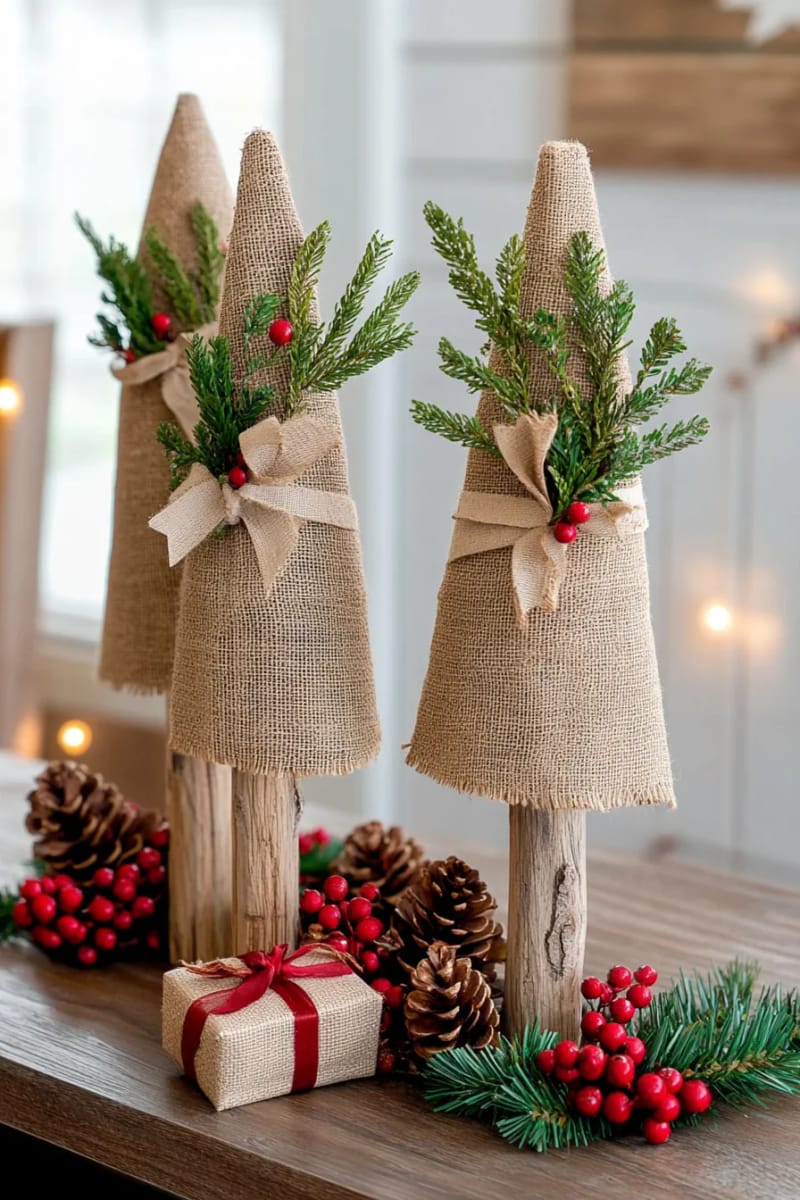 three-dimensional burlap christmas trees with wooden stick trunks 1