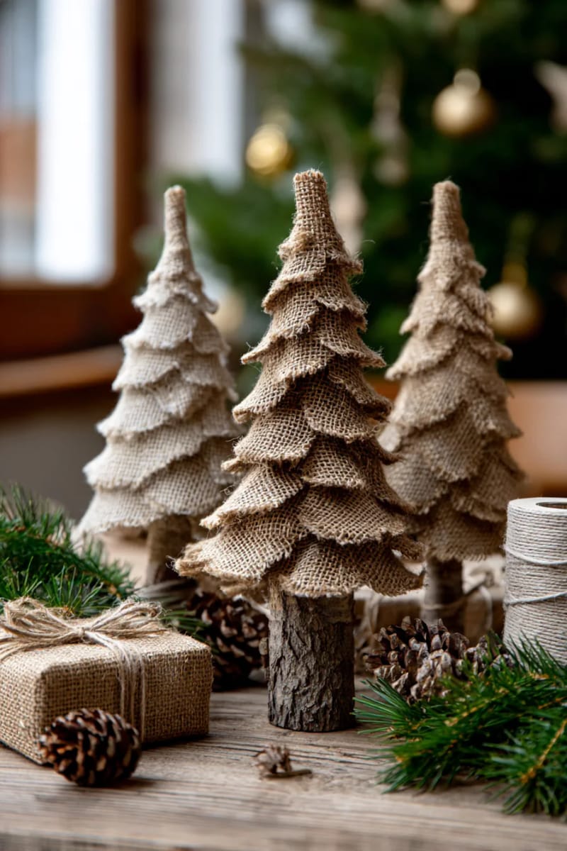 three-dimensional burlap christmas trees with wooden stick trunks 1