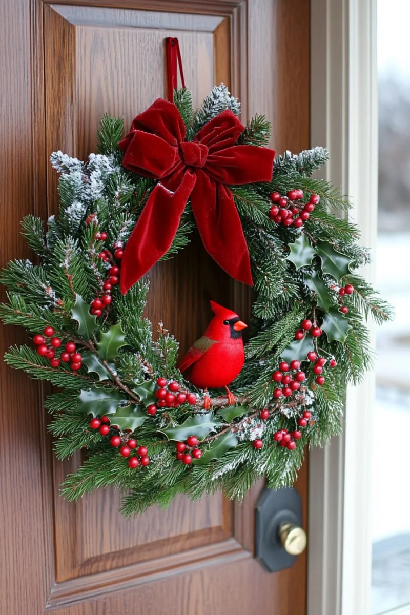 traditional holly and evergreen wreath with bright red cardinal figure 1