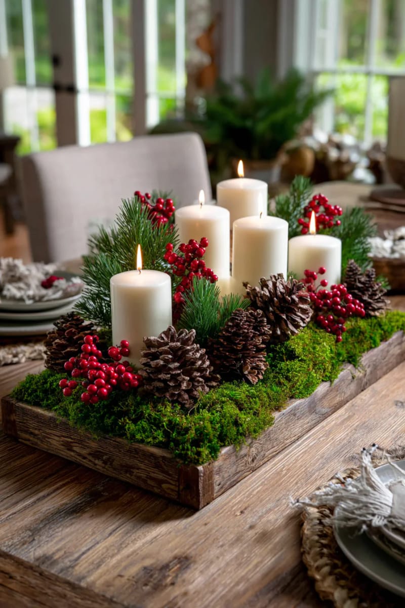 tray display of moss, pillar candles, pinecones, and red winter berries 15