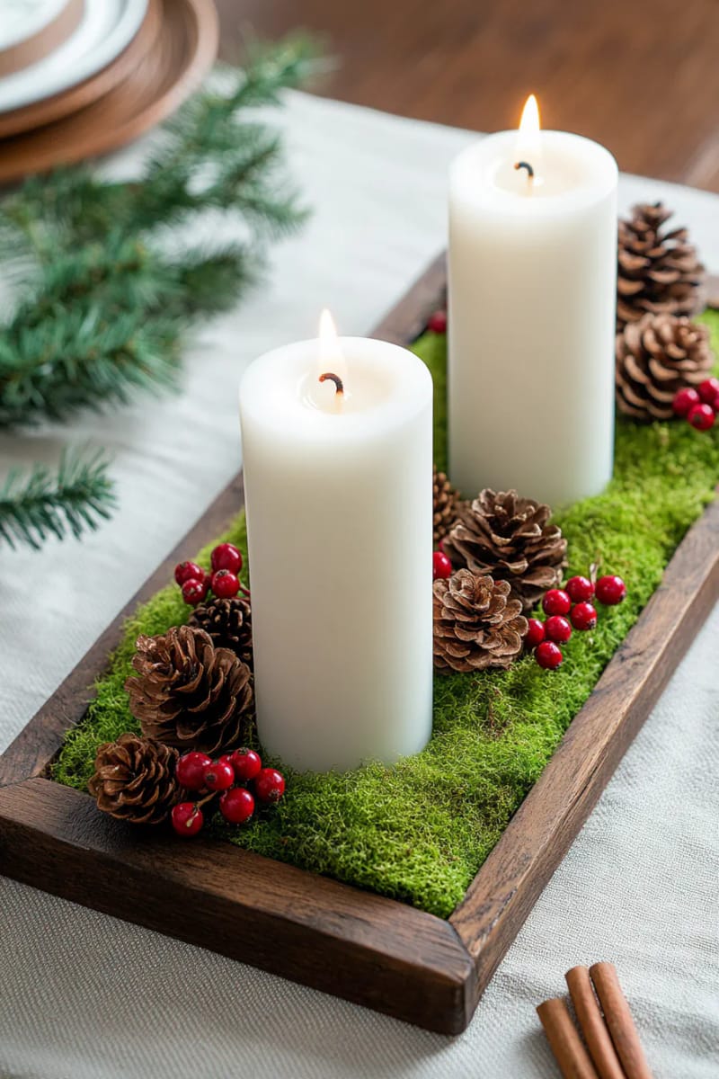 tray display of moss, pillar candles, pinecones, and red winter berries 1