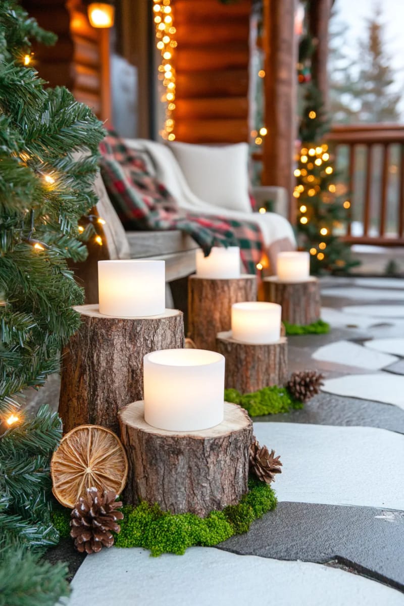 tree stump candle holders with pillar candles and moss accents 1
