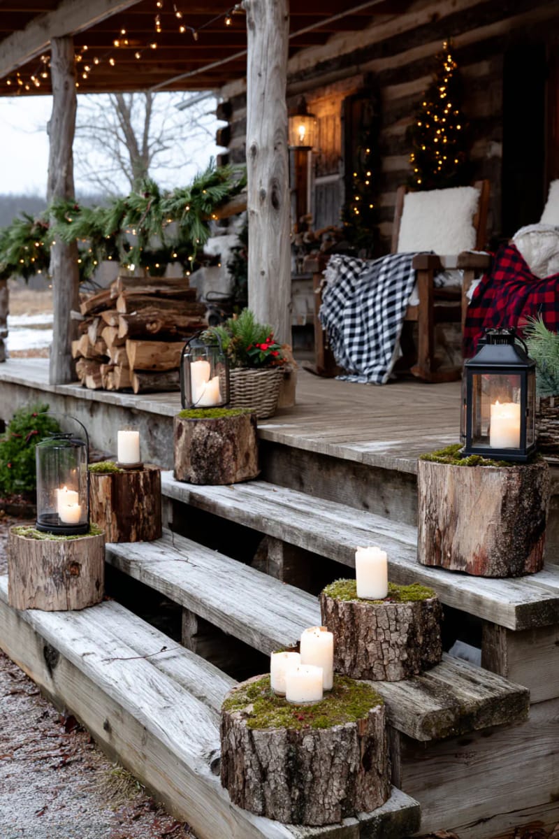 tree stump candle holders with pillar candles and moss accents 1