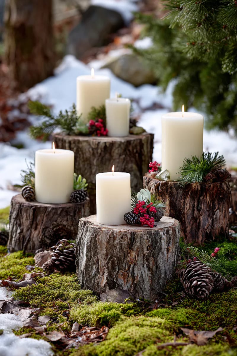 tree stump candle holders with pillar candles and moss accents 1