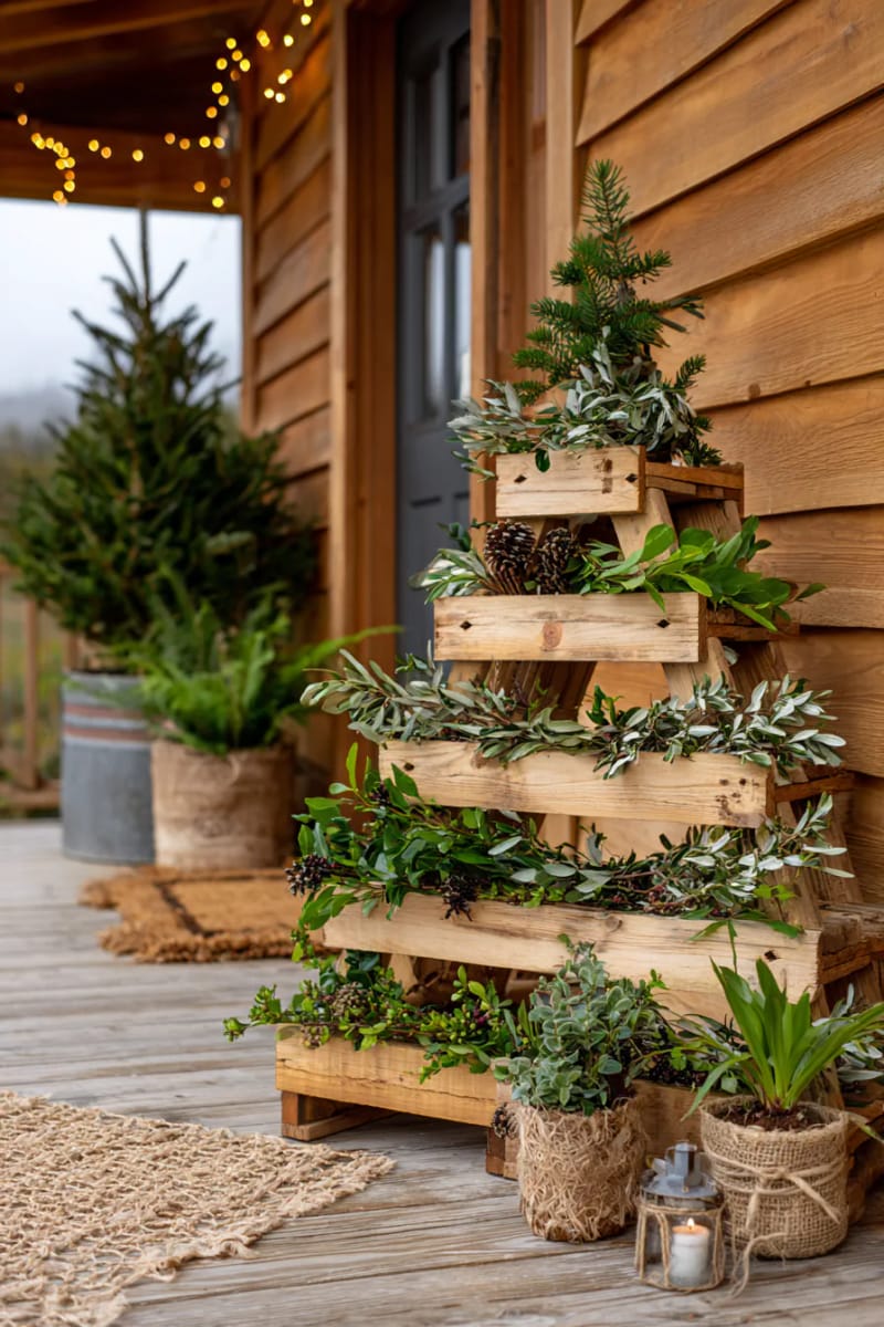 upcycled wooden pallet tree decorated with foraged greenery and cinnamon sticks 1