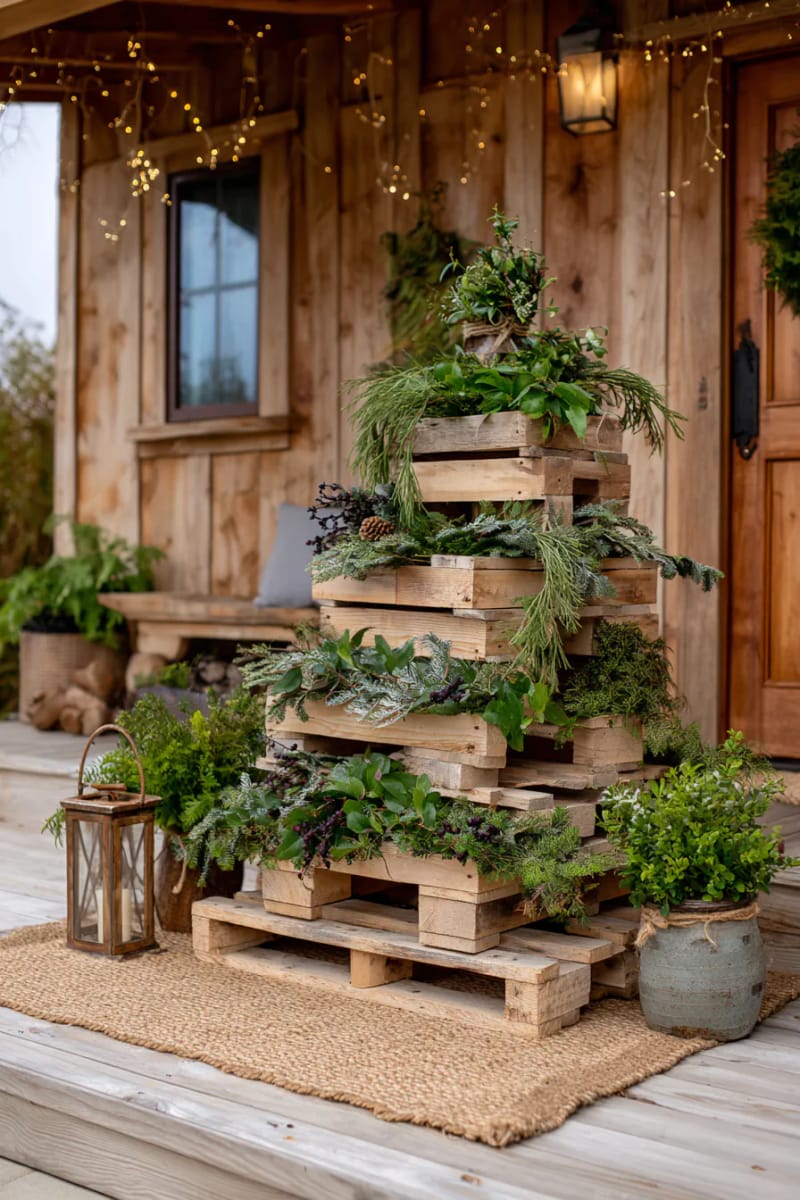 upcycled wooden pallet tree decorated with foraged greenery and cinnamon sticks 1