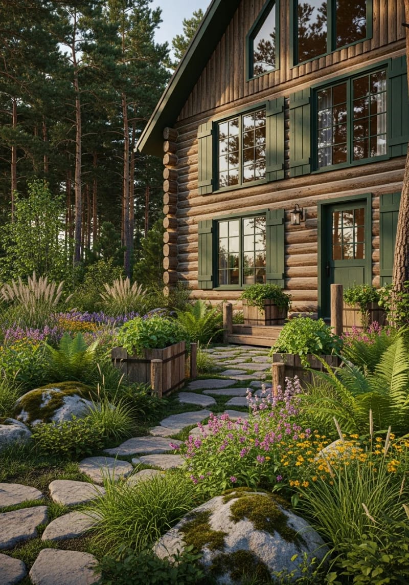 15 Fabulous Log Cabin Home Exterior Ideas You'll Love! 14 vertical log siding with deep green window shutters and forest-inspired landscaping 1