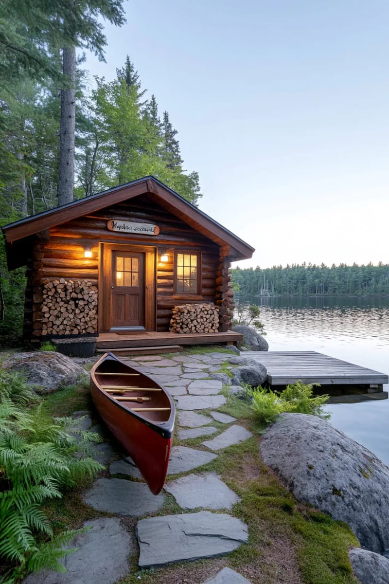 15 Fabulous Log Cabin Home Exterior Ideas You'll Love! 18 vintage canoe and stacked firewood wall as a lakeside cabin focal point 1