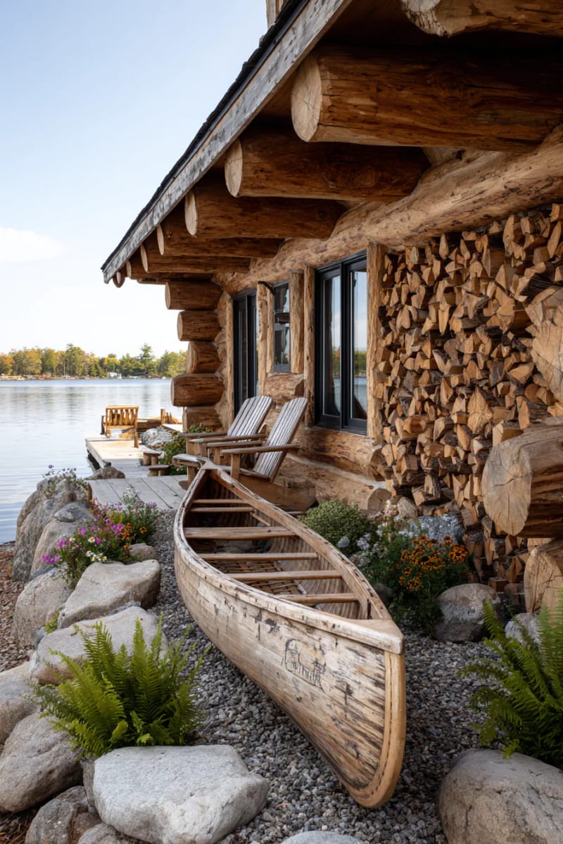 15 Fabulous Log Cabin Home Exterior Ideas You'll Love! 19 vintage canoe and stacked firewood wall as a lakeside cabin focal point 1