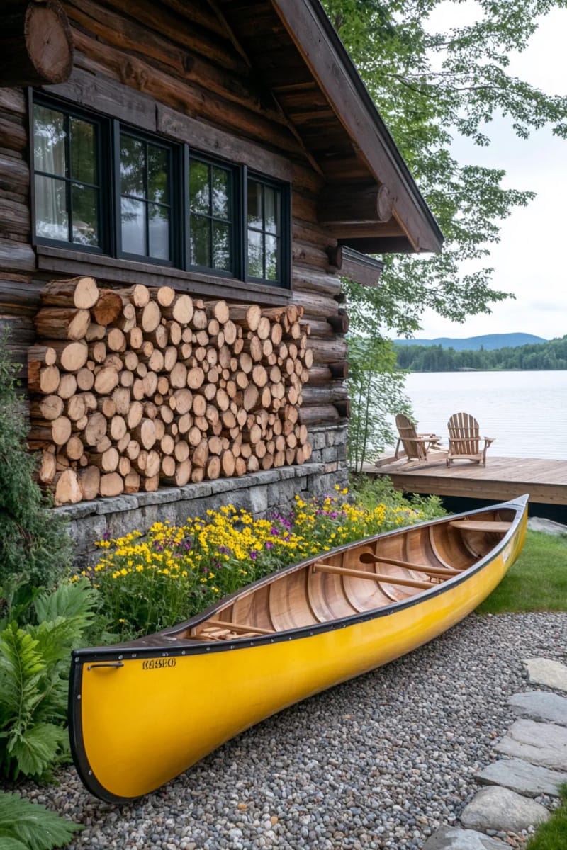 15 Fabulous Log Cabin Home Exterior Ideas You'll Love! 20 vintage canoe and stacked firewood wall as a lakeside cabin focal point 1