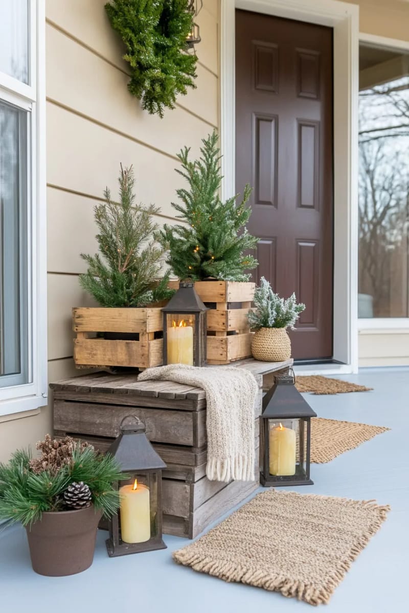 vintage crates stacked with potted evergreens and repurposed lanterns for a rustic entry 1