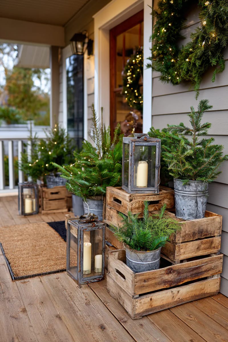 vintage crates stacked with potted evergreens and repurposed lanterns for a rustic entry 1