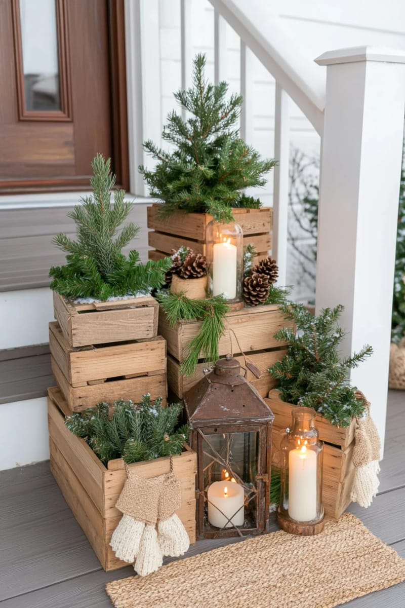 vintage crates stacked with potted evergreens and repurposed lanterns for a rustic entry 1