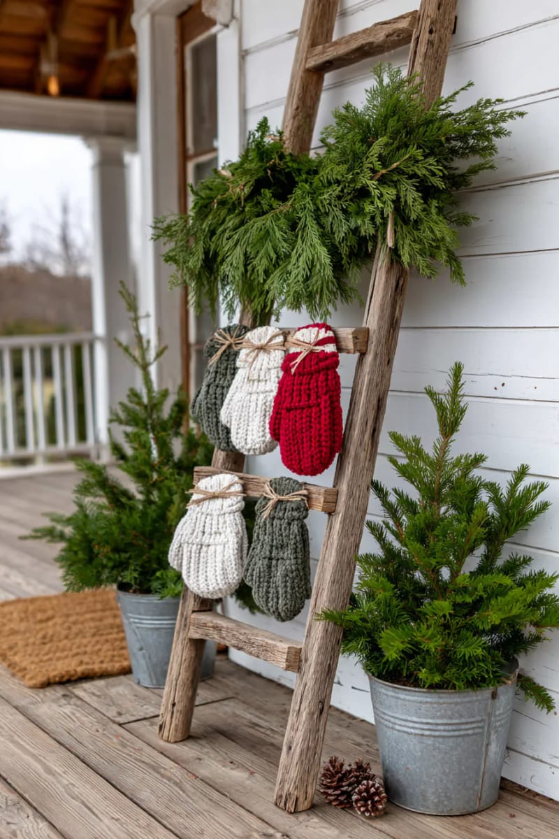 15 Simple Farmhouse Christmas Front Porch Decor Ideas 34 vintage ladder wrapped with cedar garland and hanging mittens 1