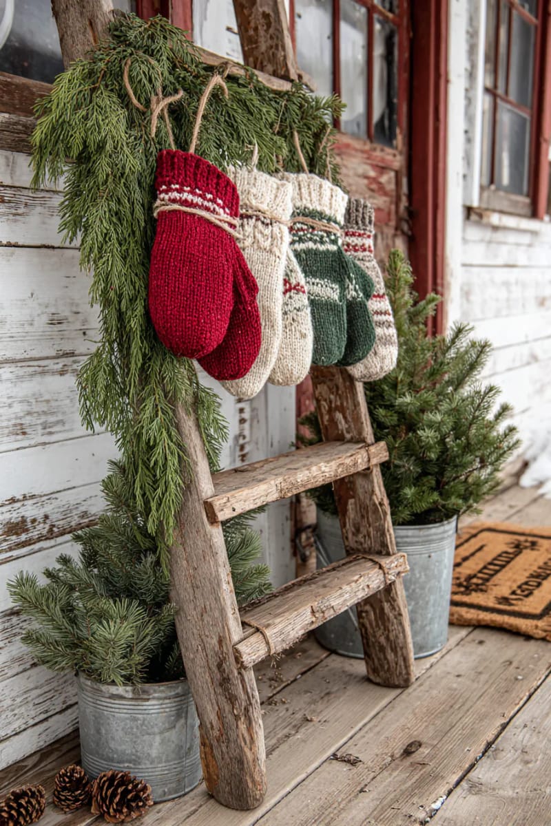 15 Simple Farmhouse Christmas Front Porch Decor Ideas 35 vintage ladder wrapped with cedar garland and hanging mittens 1